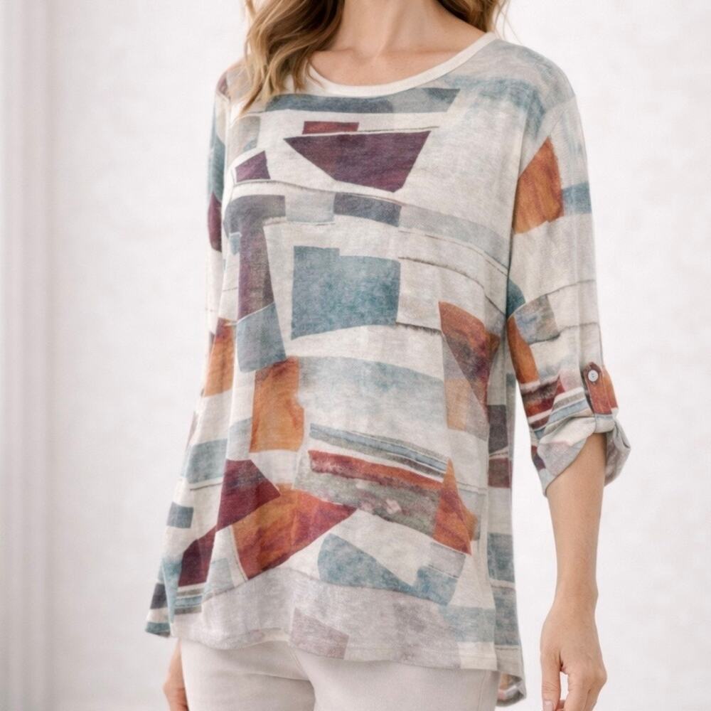 AZI Small Slub knit Roll tab Sleeve Tunic Top White Colorful Artsy Pattern Boho